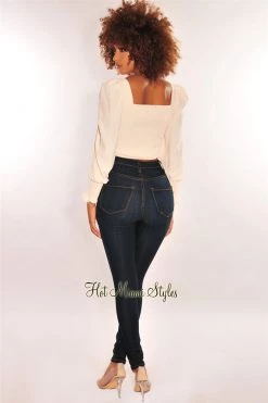 Vendor-unknown Cream Squared Neck Drawstring Tie Up Crop Top Just In