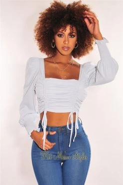 Vendor-unknown Iced Blue Squared Neck Drawstring Tie Up Crop Top Just In