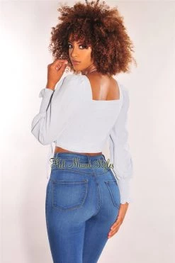 Vendor-unknown Iced Blue Squared Neck Drawstring Tie Up Crop Top Just In