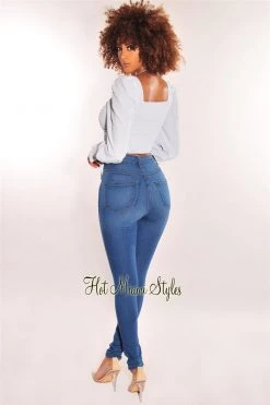 Vendor-unknown Iced Blue Squared Neck Drawstring Tie Up Crop Top Just In