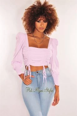 Vendor-unknown Lilac Squared Neck Drawstring Tie Up Crop Top