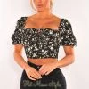 Vendor-unknown Just In Black Floral Print Tie Up Short Sleeves Crop Top