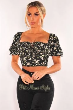 Vendor-unknown Just In Black Floral Print Tie Up Short Sleeves Crop Top