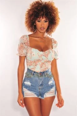 Vendor-unknown Just In Mint Paisley Print Padded Short Sleeve Bustier Crop Top