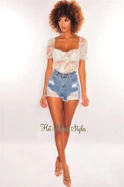Vendor-unknown Just In Mint Paisley Print Padded Short Sleeve Bustier Crop Top