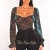 Orange Shine Black Iridescent Sequins Padded Long Sleeve Bustier Crop Top