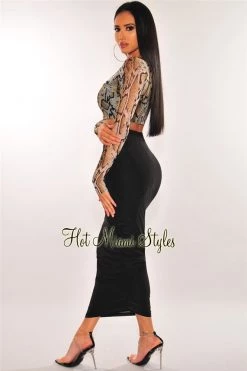 Vendor-unknown Snake Print Long Sleeves High Waist Ruched Skirt Two Piece Set