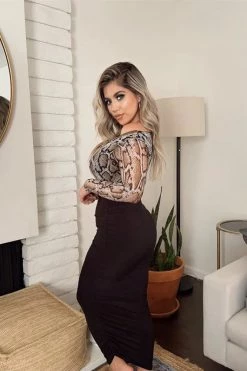 Vendor-unknown Snake Print Long Sleeves High Waist Ruched Skirt Two Piece Set