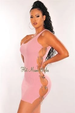 Vendor-unknown Just In Rose Ribbed Knit Silver Butterfly Pin Slit Mini Dress