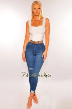 Vendor-unknown Blue Denim Frayed Hem High Waist Skinny Jeans