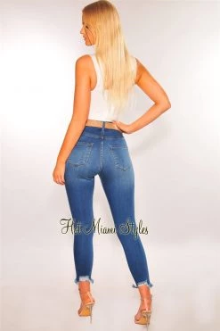 Vendor-unknown Blue Denim Frayed Hem High Waist Skinny Jeans