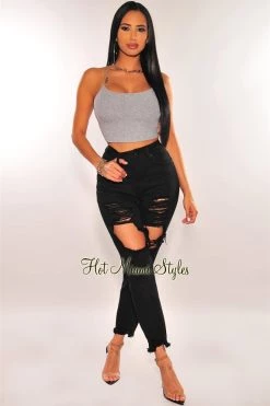 Vendor-unknown Just In Black Denim Destroyed Ripped Hem High Waist Jeans