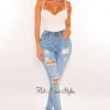 Vendor-unknown Light Denim High Waist Ripped Frayed Skinny Jeans