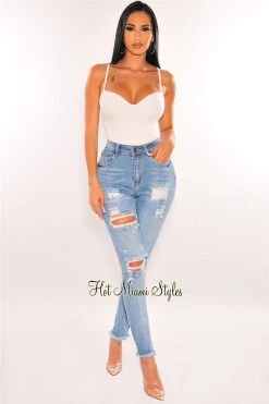 Vendor-unknown Light Denim High Waist Ripped Frayed Skinny Jeans