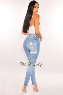 Vendor-unknown Light Denim High Waist Ripped Frayed Skinny Jeans