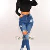 Vendor-unknown Dark Blue Denim Ripped Distressed Hem High Waist Skinny Jeans
