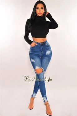Vendor-unknown Dark Blue Denim Ripped Distressed Hem High Waist Skinny Jeans