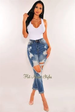 Vendor-unknown Dark Denim Wash Ripped High Waist Slim Fit Jeans