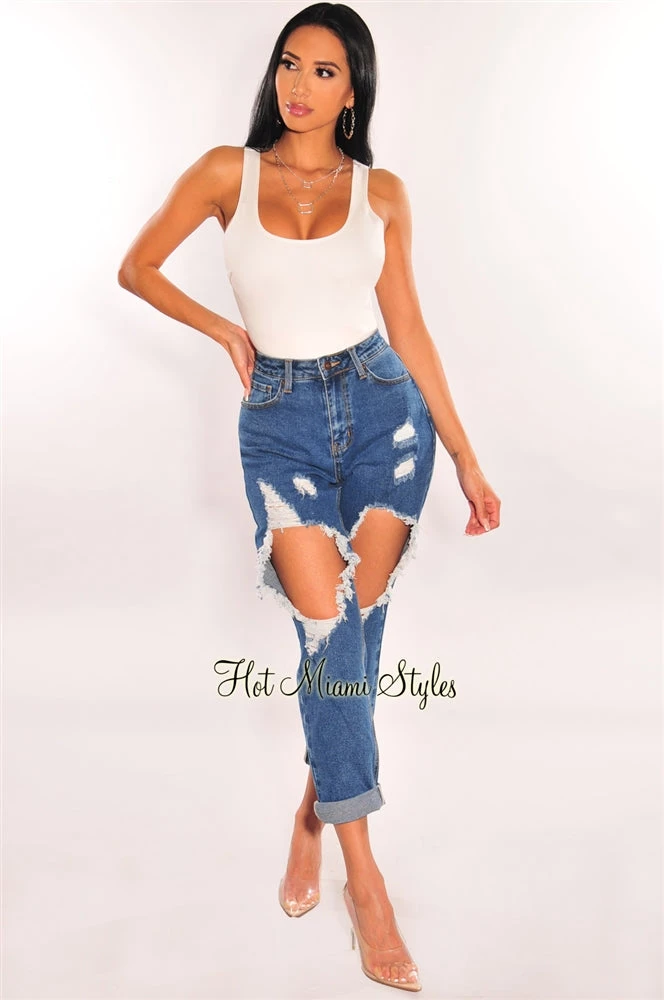 Vendor-unknown Blue Denim Ripped Mom Jeans