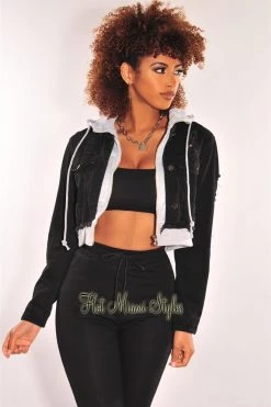 Vendor-unknown Black Denim Distressed Layered Gray Zipper Hooded Cropped Jacket Just In