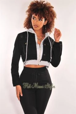 Vendor-unknown Black Denim Distressed Layered Gray Zipper Hooded Cropped Jacket Just In