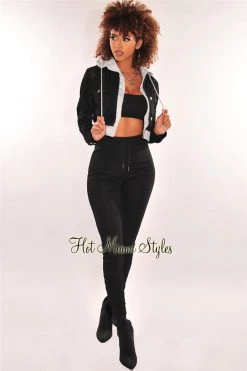 Vendor-unknown Black Denim Distressed Layered Gray Zipper Hooded Cropped Jacket Just In