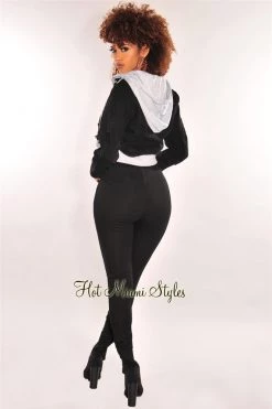 Vendor-unknown Black Denim Distressed Layered Gray Zipper Hooded Cropped Jacket Just In