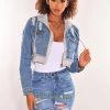 Vendor-unknown Just In Blue Denim Distressed Layered Gray Zipper Hooded Cropped Jacket