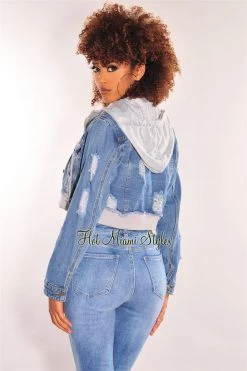 Vendor-unknown Just In Blue Denim Distressed Layered Gray Zipper Hooded Cropped Jacket