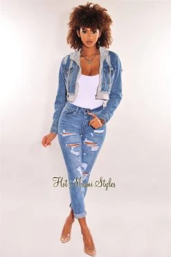 Vendor-unknown Just In Blue Denim Distressed Layered Gray Zipper Hooded Cropped Jacket