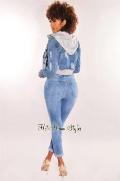 Vendor-unknown Just In Blue Denim Distressed Layered Gray Zipper Hooded Cropped Jacket