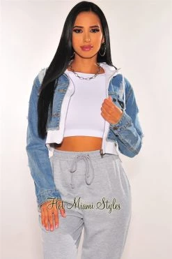 Vendor-unknown Denim Distressed Layered White Zipper Hooded Cropped Jacket