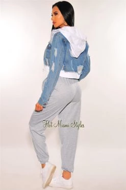 Vendor-unknown Denim Distressed Layered White Zipper Hooded Cropped Jacket