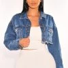 Vendor-unknown Just In Blue Denim Long Sleeve Destroyed Back Cropped Jacket