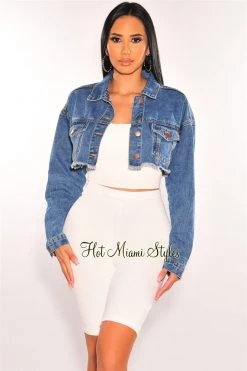 Vendor-unknown Just In Blue Denim Long Sleeve Destroyed Back Cropped Jacket