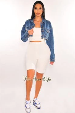 Vendor-unknown Just In Blue Denim Long Sleeve Destroyed Back Cropped Jacket