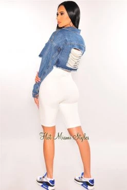 Vendor-unknown Just In Blue Denim Long Sleeve Destroyed Back Cropped Jacket