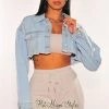 Vendor-unknown Just In Light Denim Long Sleeve Destroyed Back Cropped Jacket