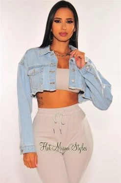 Vendor-unknown Just In Light Denim Long Sleeve Destroyed Back Cropped Jacket