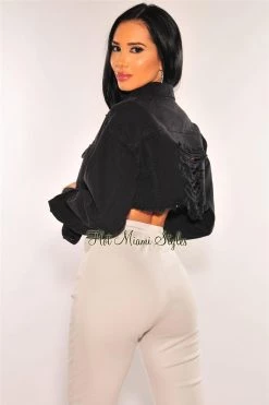 Vendor-unknown Black Denim Long Sleeve Destroyed Back Cropped Jacket Just In
