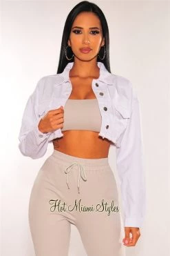 Vendor-unknown White Denim Long Sleeve Destroyed Back Cropped Jacket Just In