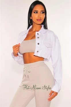 Vendor-unknown White Denim Long Sleeve Destroyed Back Cropped Jacket Just In