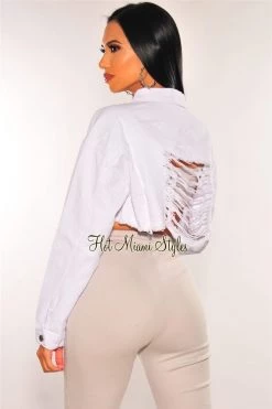 Vendor-unknown White Denim Long Sleeve Destroyed Back Cropped Jacket Just In