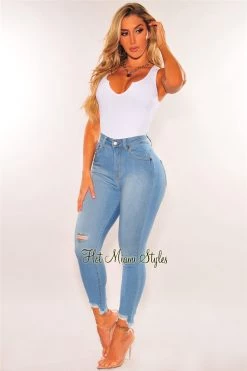 Vendor-unknown Light Blue Denim Distressed Frayed Hem High Waist Ankle Jeans Just In