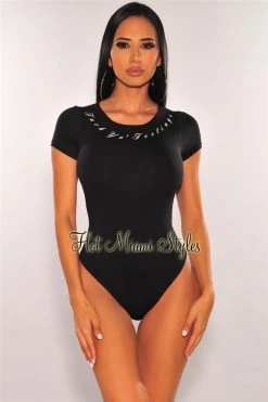 Glamazon Black "Fuck Yo' Feelings" Short Sleeves Graphic Bodysuit Just In