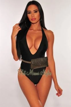 Vendor-unknown Black Faux Leather Studded Fanny Pack Belted Swimsuit Just In