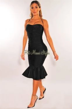 Vendor-unknown Just In Black Halter Ruched Ruffle Hem Dress