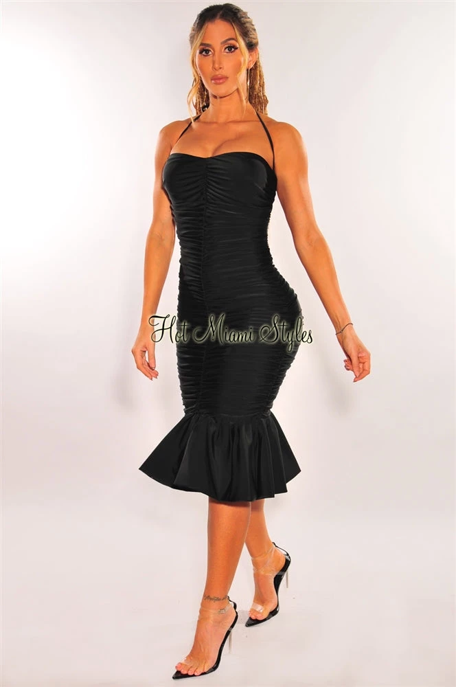 Vendor-unknown Just In Black Halter Ruched Ruffle Hem Dress