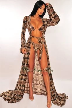 NIKIBIKI Snake Print Long Sleeves Belted Maxi Cover Up Just In