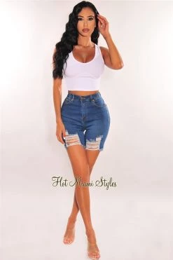 Vendor-unknown Blue Denim Distressed Frayed Hem Biker Shorts